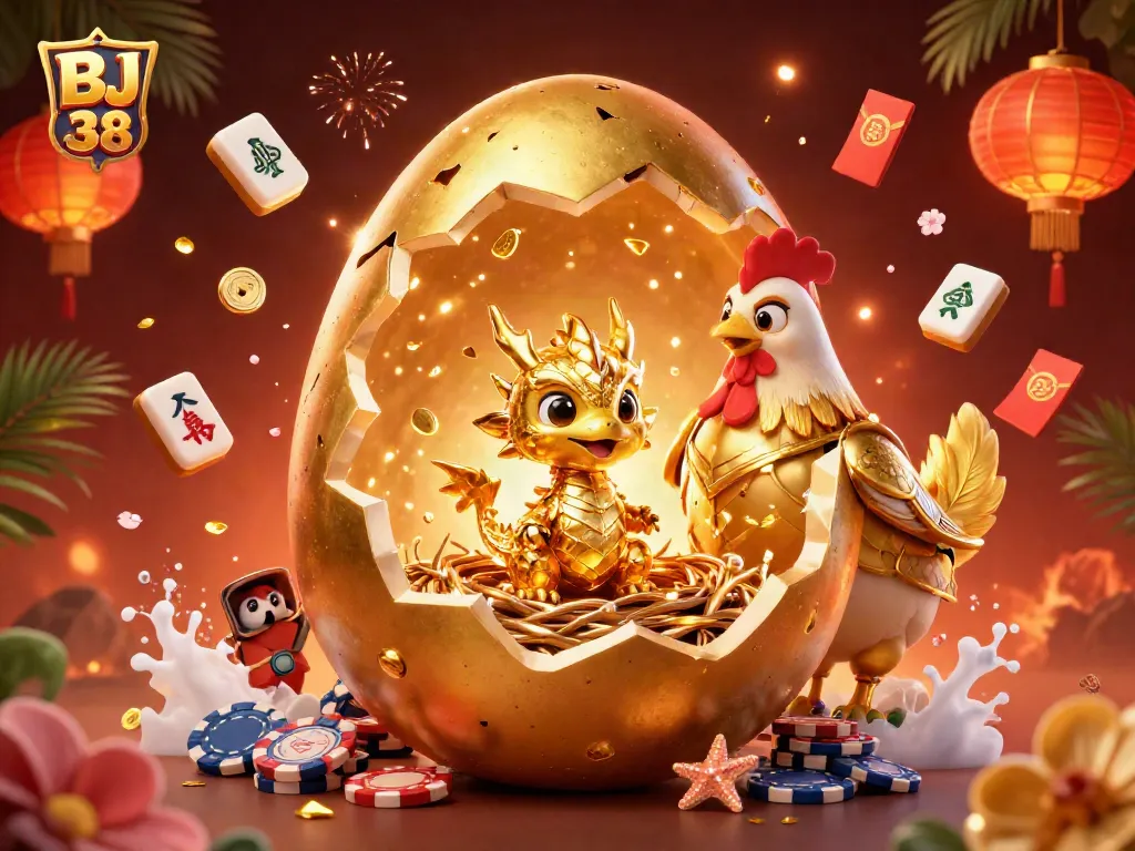 BJ 38 showcases a fantasy scene with a golden dragon and poker chips in a vibrant casino backdrop.