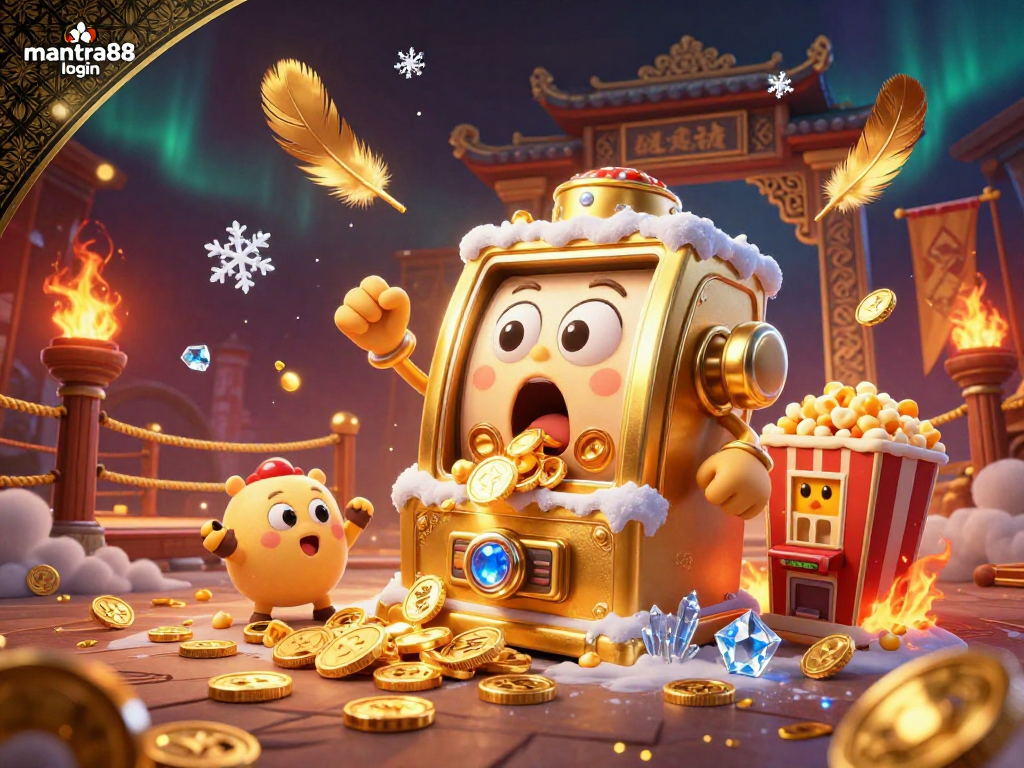 Play slots and win big at mantra88 login with a vibrant 3D illustration of jackpot excitement and cheering machines.