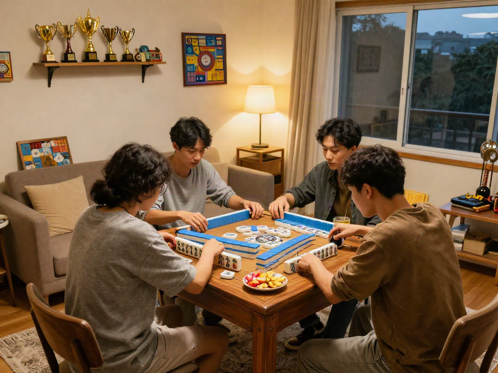 Friends engaged in a Mahjong game night, showcasing the MAHJONGJP88 Official atmosphere with tiles, snacks, and a cozy setting.