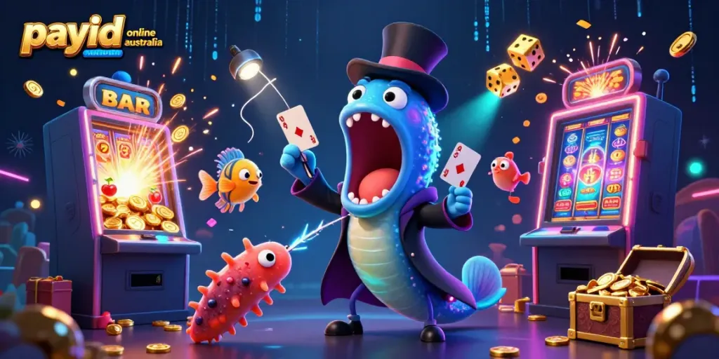 Engaging scene of payid online casinos australia featuring a bioluminescent eel magician with casino elements.
