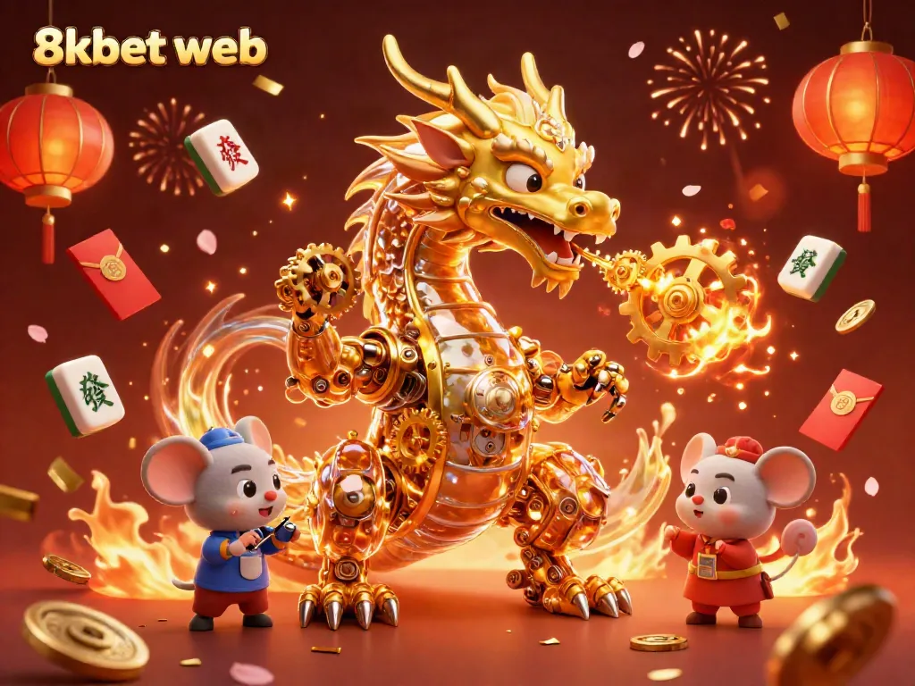 Experience excitement at 8xbet web with a dynamic illustration of a golden dragon surrounded by vibrant casino elements.