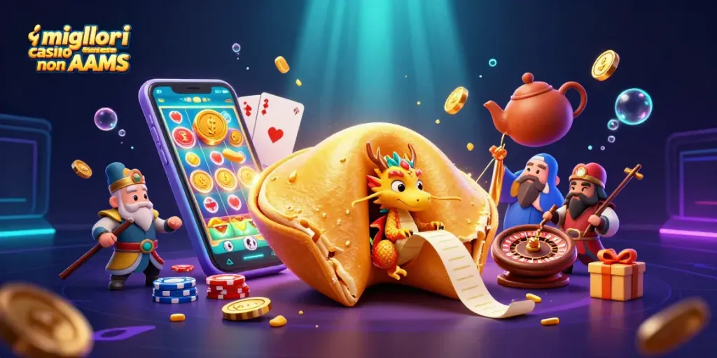 Scopri i migliori casino non AAMS con slot avvincenti e produzione d'oro in un'illustrazione vivace.