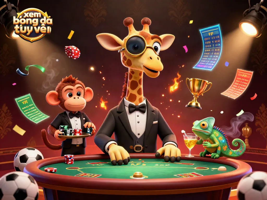 Experience xem bóng đá trực tuyến with a lively illustration of a high-roller giraffe and friends, capturing thrilling sports betting moments.