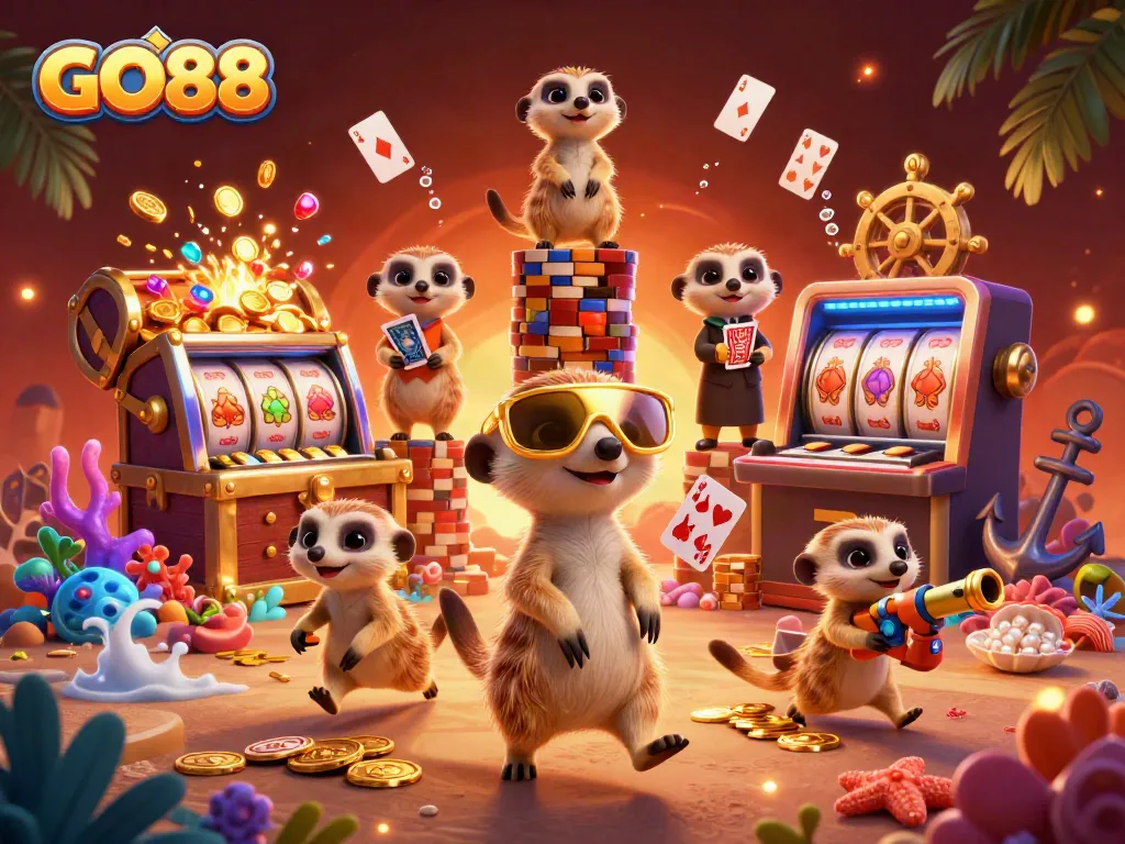 Experience thrilling slots action at GO88 with playful meerkats running an underwater casino!