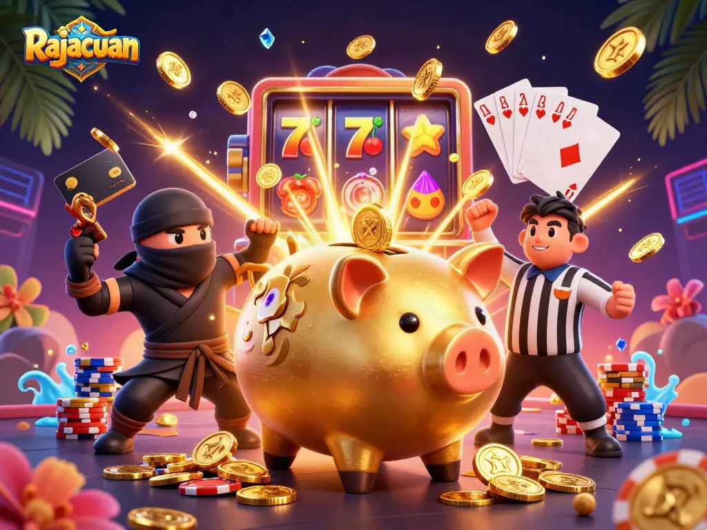 Rajacuan showcases a dynamic casino scene with golden piggy bank sumo wrestler, wallet ninja, and slot reels.