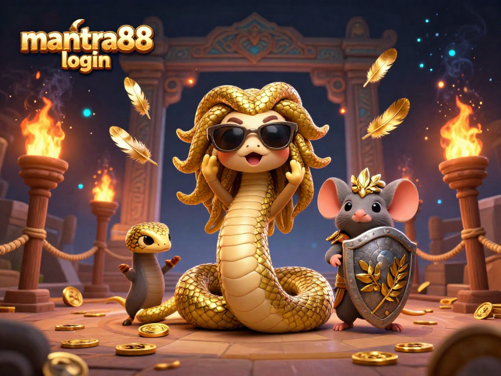 Engage in thrilling games with mantra88 login, featuring a lively scene of Medusa and a warrior mouse amidst dynamic casino elements.
