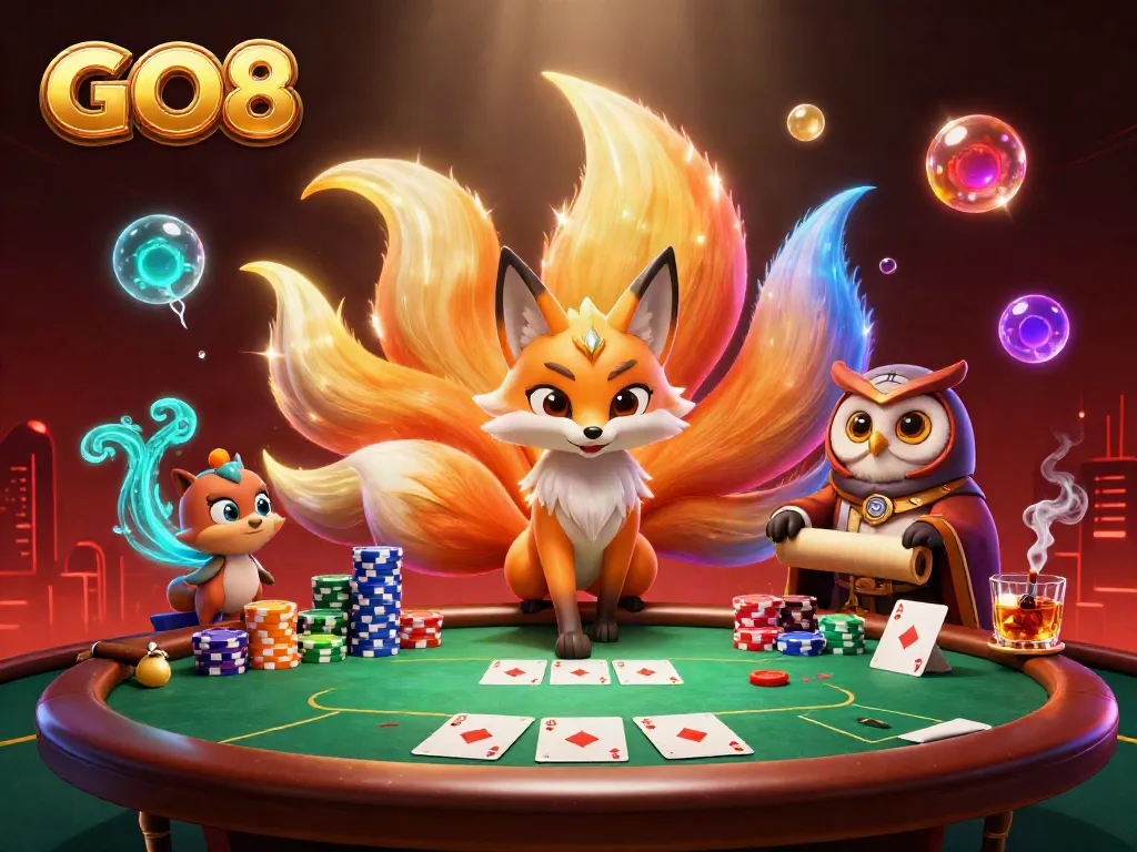 Experience thrilling gameplay at GO8 in this captivating casino scene featuring a vibrant nine-tailed fox and poker elements.
