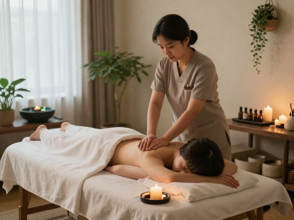 Relaxing 용인출장안마 spa scene with client receiving traditional Korean massage in serene atmosphere.