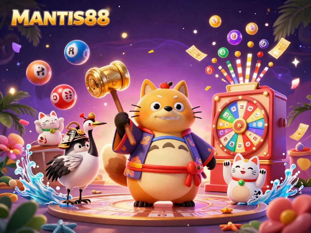 Play and win with MANTIS88 in a vibrant casino-themed illustration featuring fun characters and lottery elements.