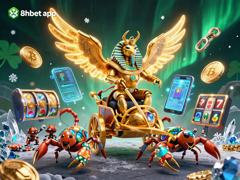 Experience the excitement of the 8xbet app with dynamic casino elements, including golden scarabs and slot symbols.
