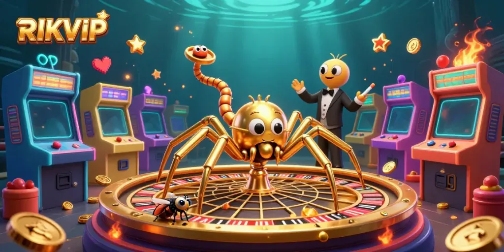 Experience thrilling bets at RIKVIP with a golden roulette wheel surrounded by vibrant arcade game elements.