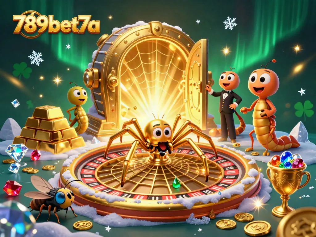 Engage with the thrill of 789bet7a as a golden spider spins a roulette-inspired web in a vibrant casino illustration.