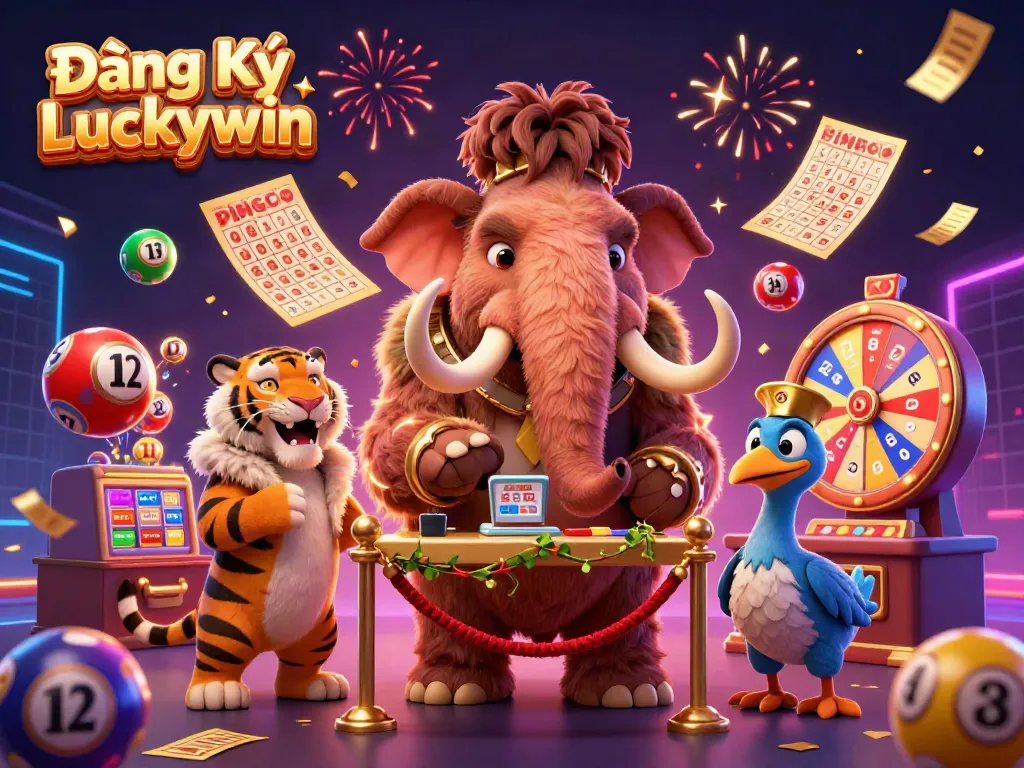 Experience the vibrant world of Đăng Ký Luckywin with a lively casino scene featuring whimsical characters and lottery elements.