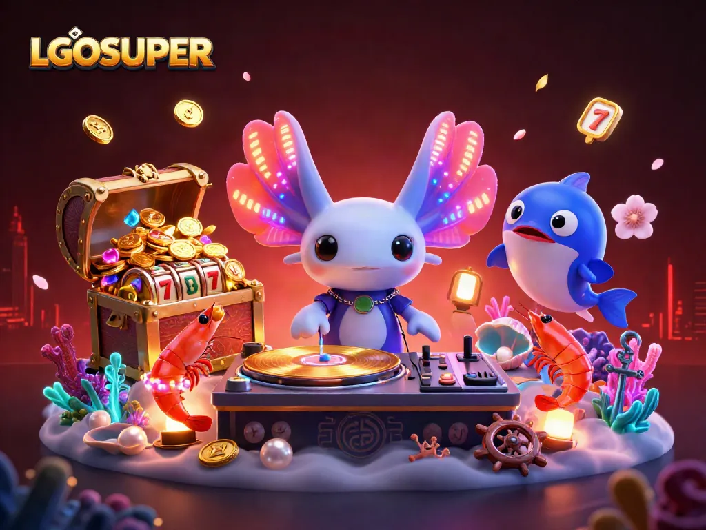 Engage in exciting gameplay with LGOSUPER as the neon axolotl DJ spins golden slot reels underwater.