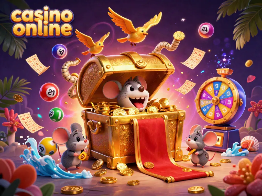 Disfruta de la emoción del casino online con esta ilustración vibrante llena de tesoros y juegos dinámicos.