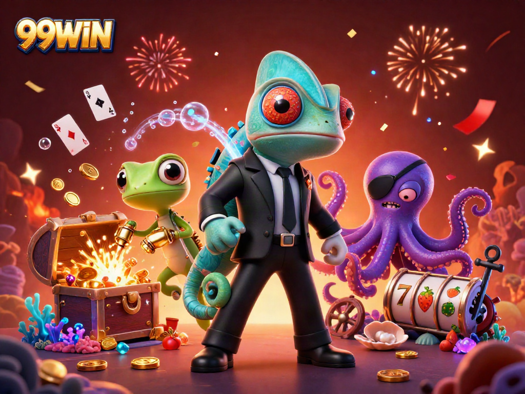 Experience the excitement of slots and jackpots with 99WIN in a vibrant underwater 3D scene.