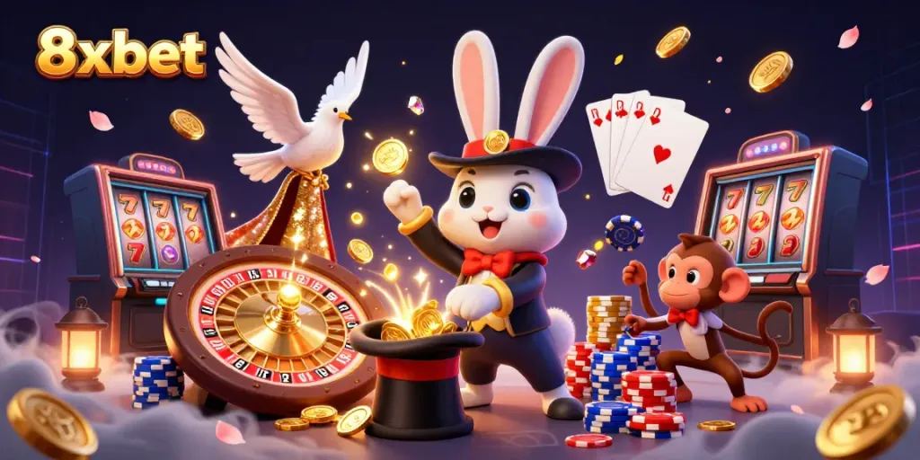 Experience the magic of 8xbet with a cartoon rabbit pulling coins, creating an enchanting casino scene.