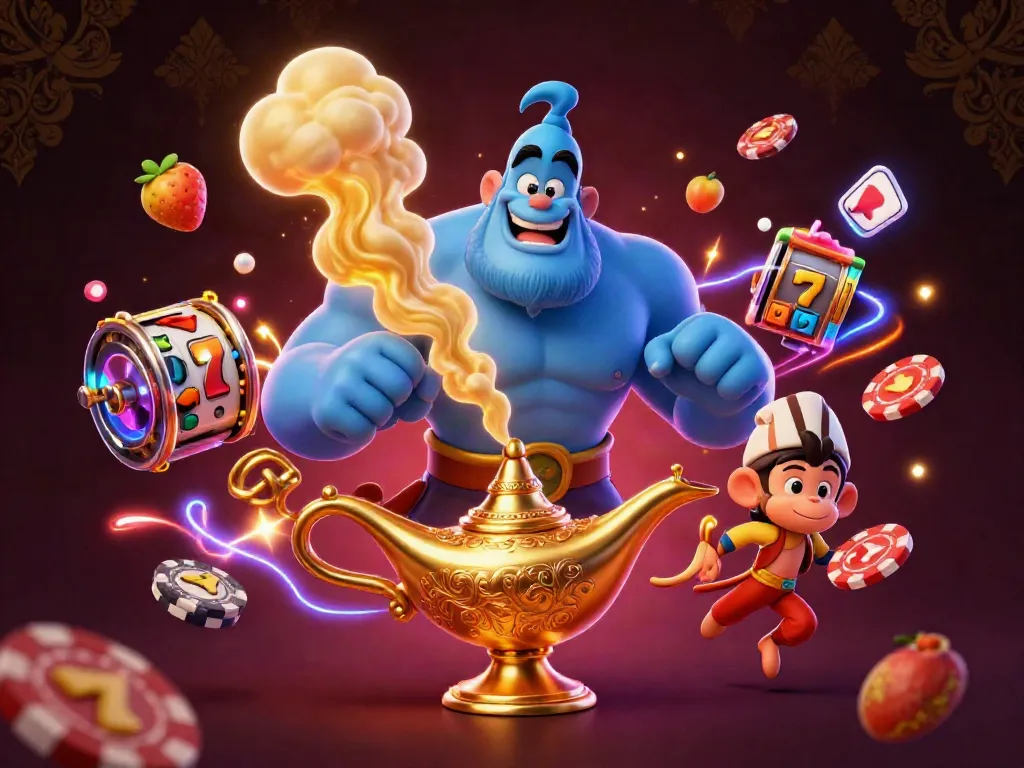 Gioca nei migliori casino non AAMS con questa illustrazione unica di un genio e simboli delle slot.