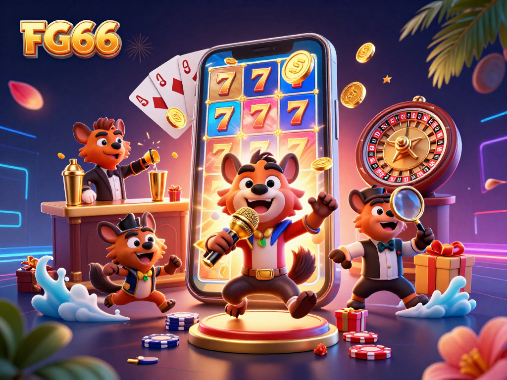 Experience FG66's exciting gaming vibe with animated hyenas and vibrant casino elements.