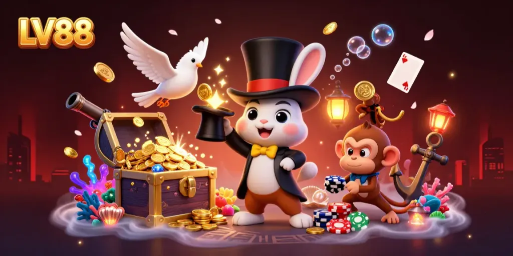 Experience the magic of LV88 with a rabbit magician revealing golden treasures in a vibrant casino scene.