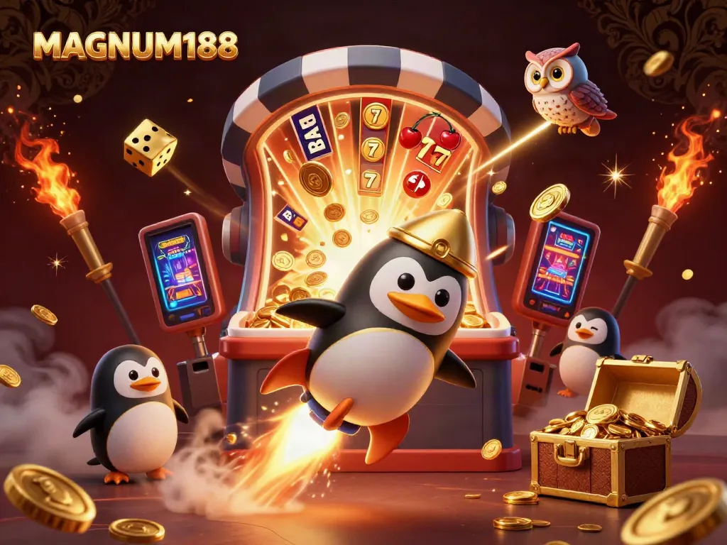 Spin and win with MAGNUM188, featuring a vibrant casino-themed 3D illustration showcasing a penguin, slot machine, and golden elements.