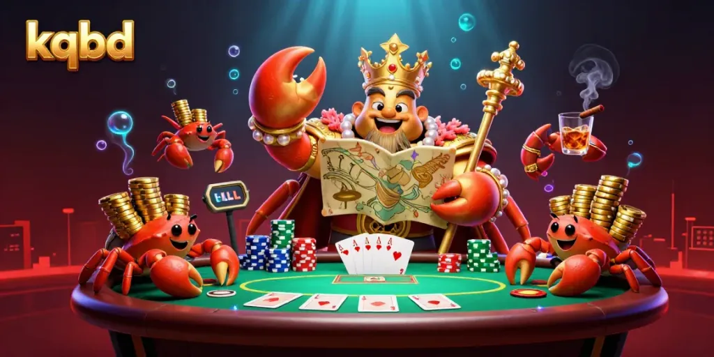 Track live sports results with KQBD featuring a golden crab emperor amid colorful casino elements.
