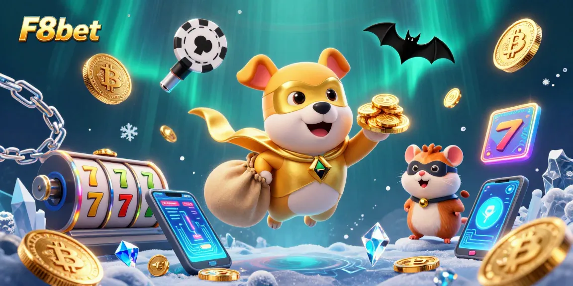 Win big with F8bet: 3D cartoon illustration of a superhero dog flying through a vibrant casino scene.