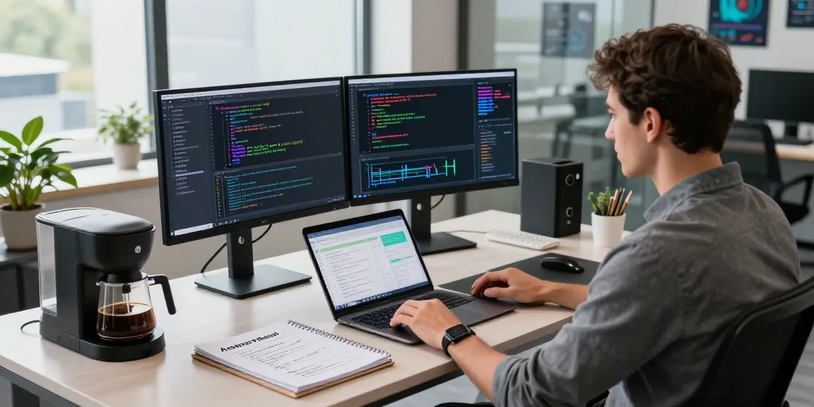 Developer engaged with acrossprotocol coding at a modern tech workspace with dual monitors.