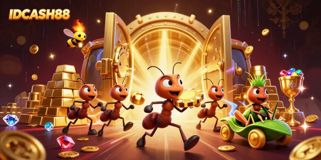 IDCASH88 ants orchestrating a heist with golden poker chip surrounded by treasures and vibrant casino elements.