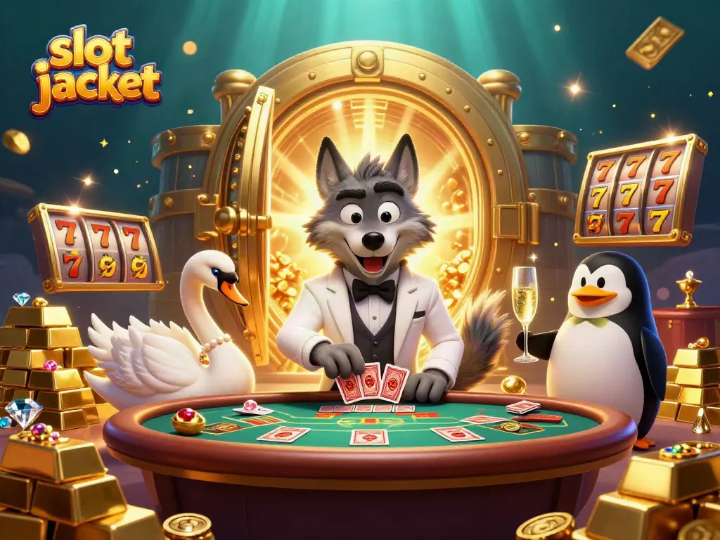 Winning at slot jackpot with cartoon wolf, swan, and penguin among gold treasures