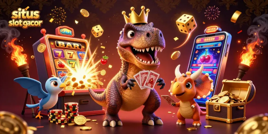 Experience exciting jackpots with situs slot gacor where a T-Rex and friends play 3D slot games.