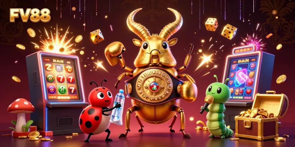 Experience the excitement of winning on FV88 with vibrant casino game elements and characters.