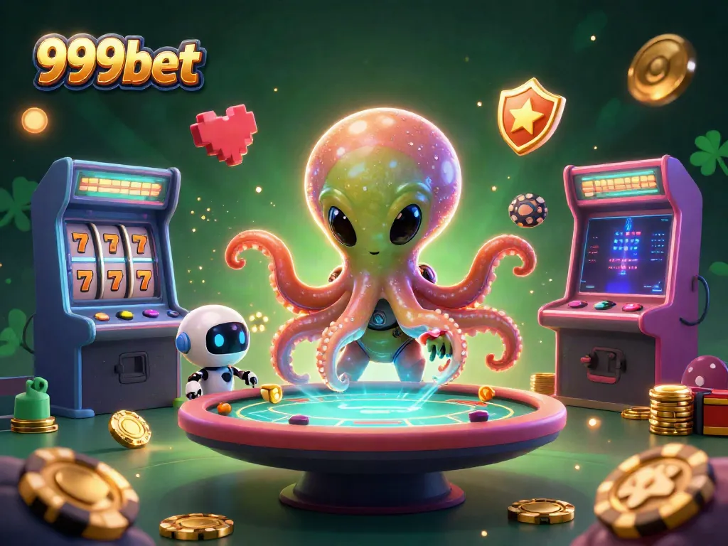 Experience the excitement of 999bet with our vibrant 3D casino illustration featuring an alien octopus and poker elements.
