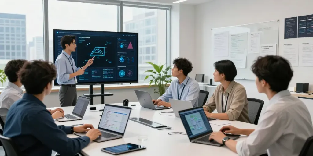 Diverse team discussing Enterprise AI strategies in a modern office.