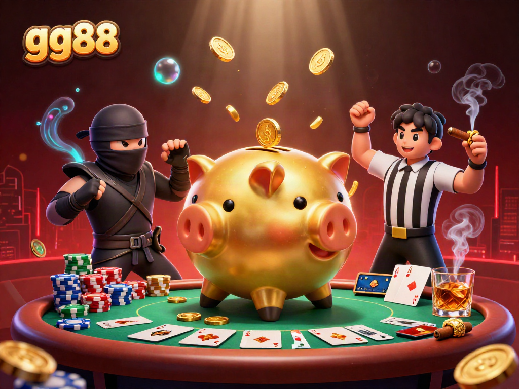Engage with the gg88 casino world featuring a dynamic casino scene with vibrant characters and poker elements.