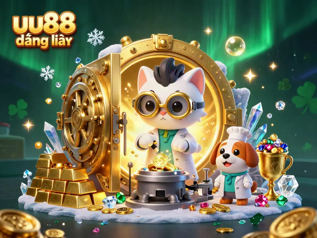 uu88 đăng nhập features a dynamic scene with a mad scientist cat and assistant dog amidst gold treasures and casino elements.