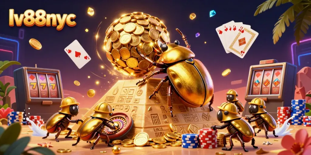 Experience the excitement of lv88nyc with a vibrant 3D casino scene featuring golden coins and casino symbols.