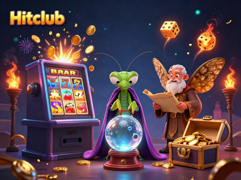 Hitclub's enchanting fortune teller predicts jackpot wins amidst vibrant slot machine magic.