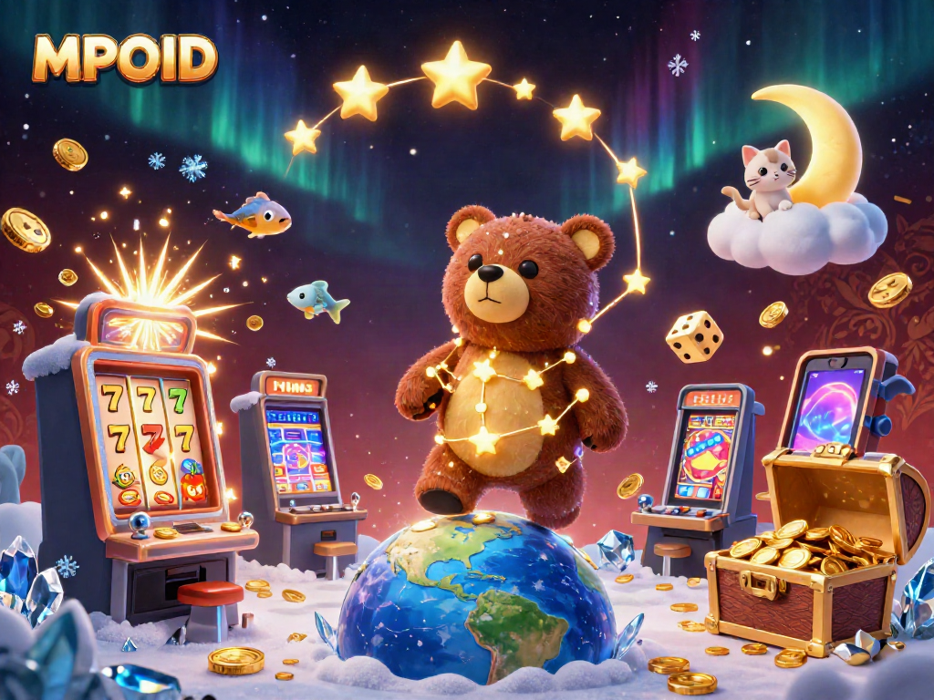Engage in exciting MPOID gaming action surrounded by vibrant casino elements and dynamic characters.