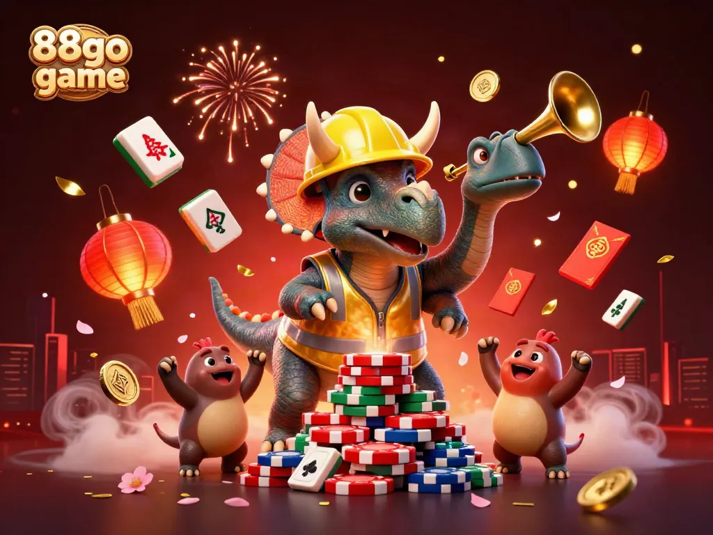 Engage in thrilling gameplay with the vibrant atmosphere of 88go game featuring cheering dinosaurs and casino elements.