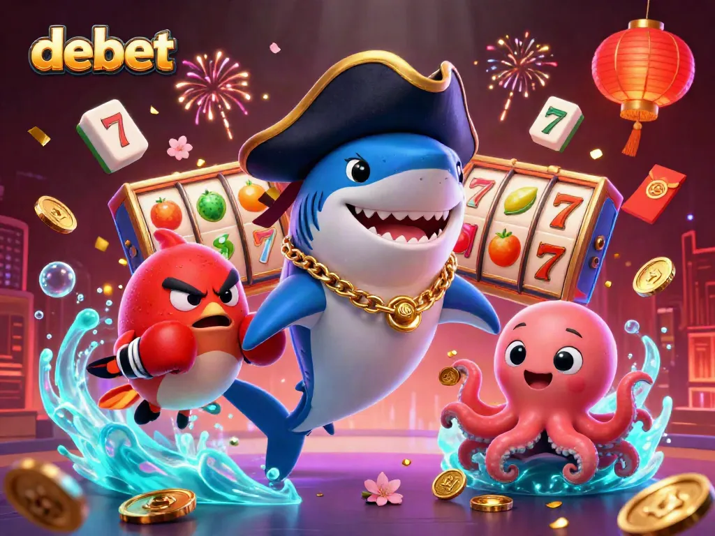 Debet offers an exciting online gaming experience with dynamic characters and slot reels in a vibrant scene.