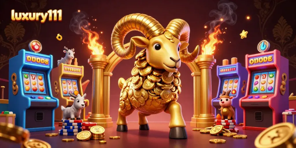 Spin and win with luxury111 as golden ram charges through a vibrant casino scene filled with game machines.