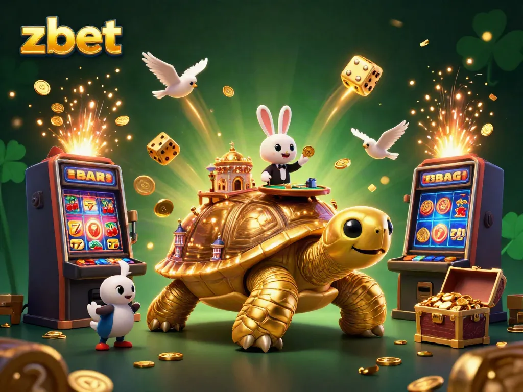 Experience zbet gaming thrills with a golden tortoise casino, coins flying around and vibrant slot machines.