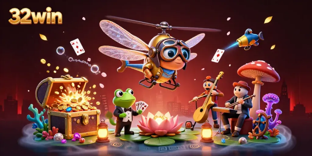 Enjoy the thrilling experience of 32win as a dragonfly pilot oversees gaming excitement with vibrant elements.