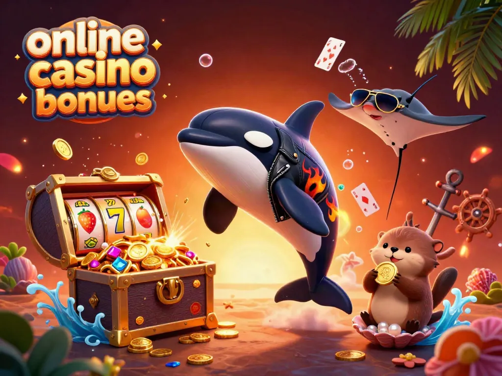 Engage with exciting online casino bonuses through a vibrant 3D illustration of an orca and friends in a dynamic underwater scene.