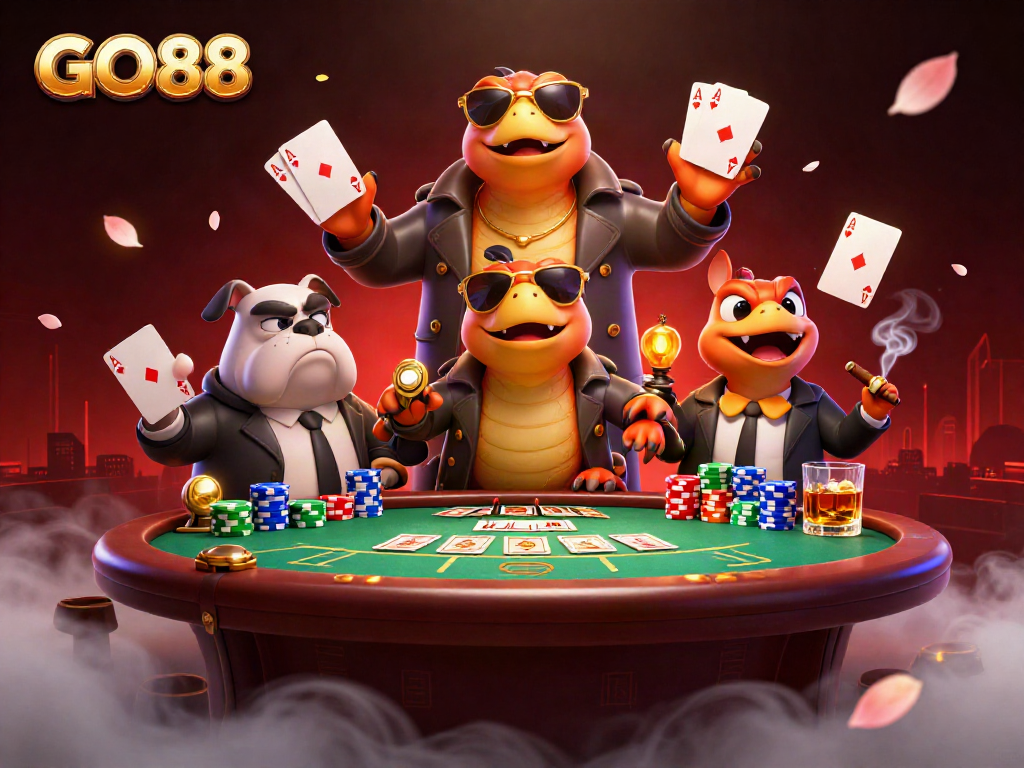 GO88 raptors attempting to enter VIP casino, surrounded by vibrant gaming elements.
