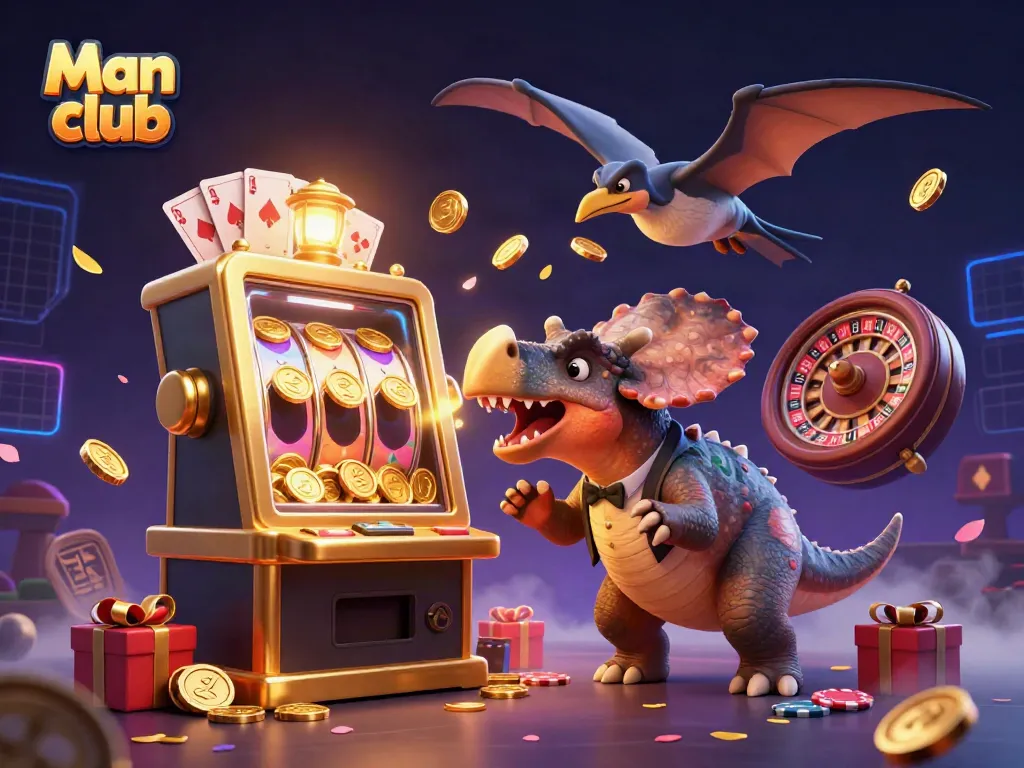 Experience thrilling casino action at Man club with a dinosaur hitting a golden slot machine for jackpots.