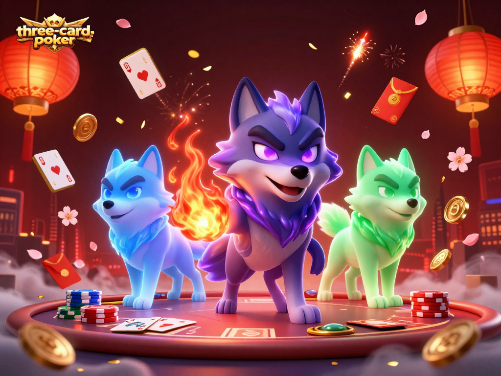 Engage in three-card-poker action with vibrant 3D wolves and dynamic casino elements