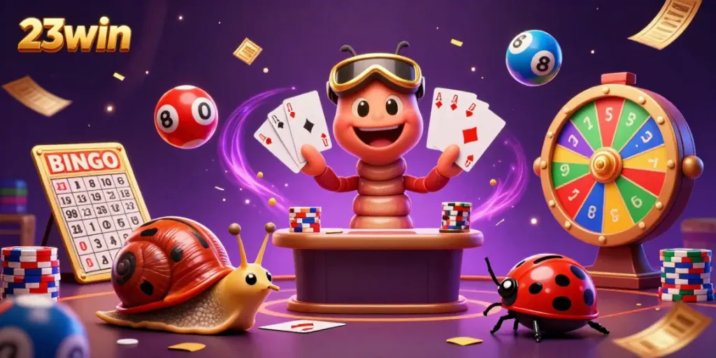Dynamic 3D scene of a millipede dealer at 23win, surrounded by casino games and colorful lottery elements.