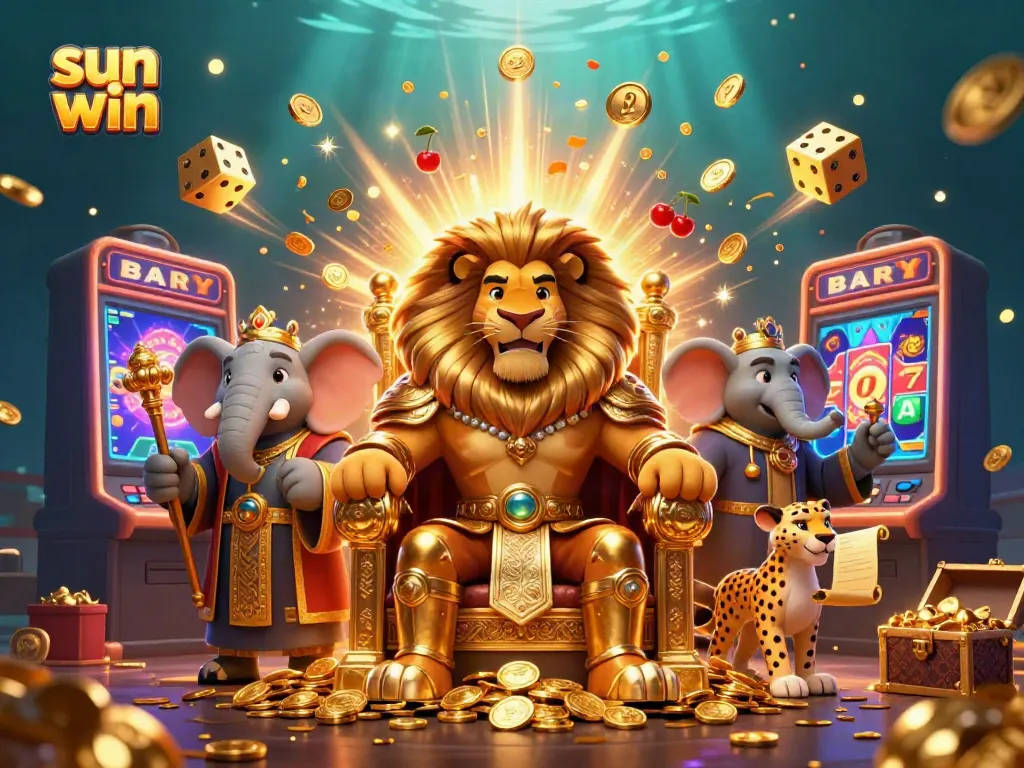 Experience the thrilling sun win casino scene with a lion, elephant, and cheetah amidst rich gaming elements.